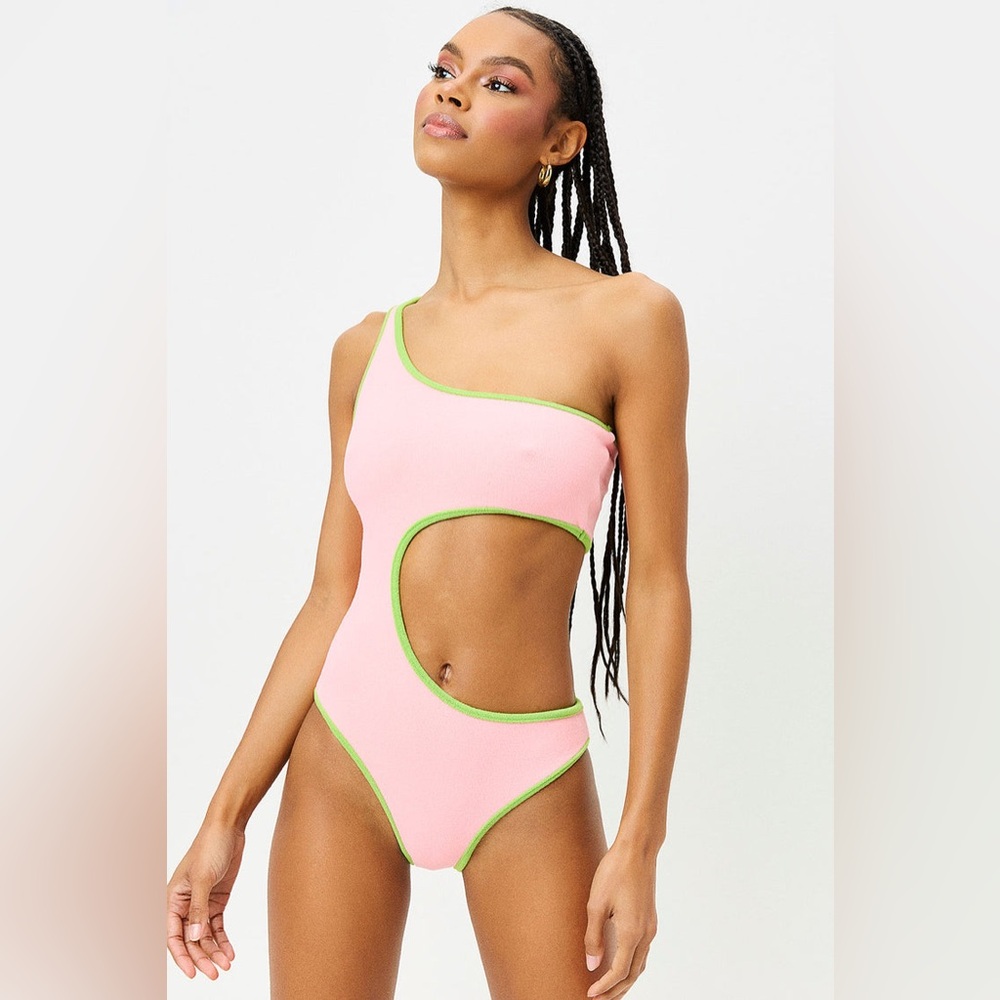 Frankie’s Bikinis Cutout Pink/Green Cash Terry One Piece Swimsuit size Medium - Picture 2 of 7